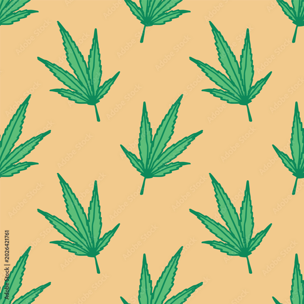 Fototapeta premium Seamless pattern with hand drawn cannabis leaf Medicine marijuana Hemp leaves For decorative print, wrapping paper, fabric, packaging, background