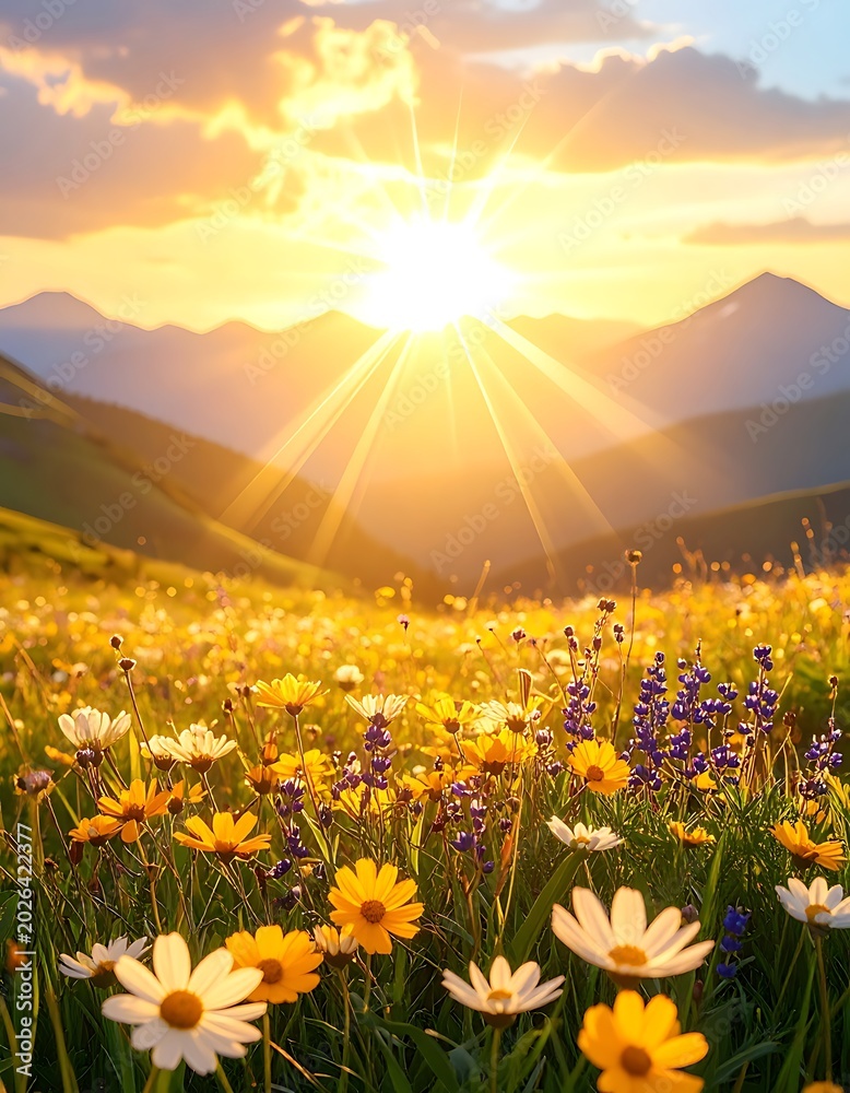 Obraz premium Sunset over a vibrant flower field.