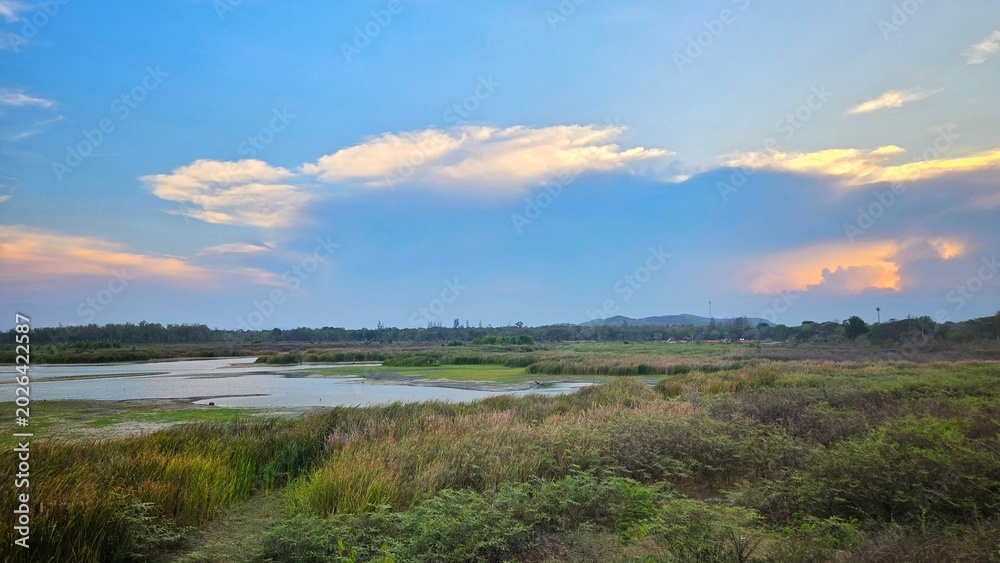 Fototapeta premium Serene Reservoir View at Sunset, Grassy Plains, Hills, and Reflections on Calm Water.
