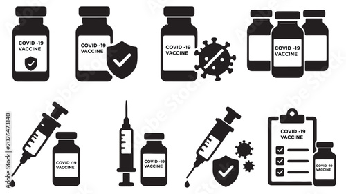 COVID-19 Vaccine Icon Set with Syringe and Shield