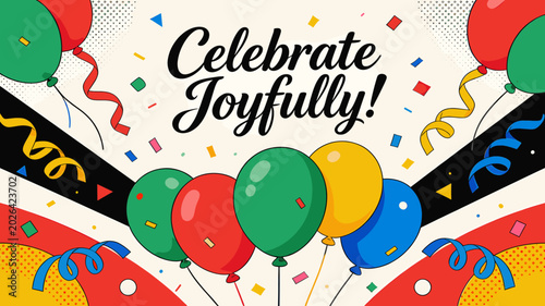 Photos A vibrant illustration celebrating joy with colorful balloons, confetti, and streamers, conveying a festive and happy mood