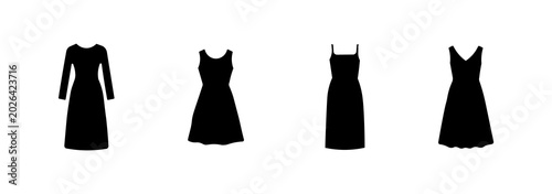 Women's dress icon set, fashion clothing silhouette pack, black fashion style symbols