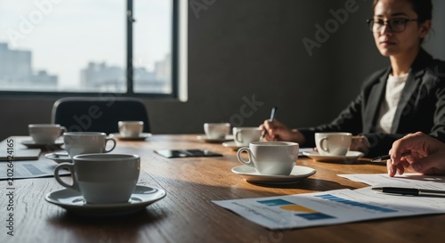 Meeting Room Gathering: A group of professionals convene around a polished wooden table in a modern meeting room, each with a cup of coffee, immersed in discussion and analysis of documents.