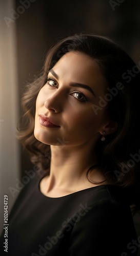 Elegant woman with soft curls gazes thoughtfully, bathed in warm light