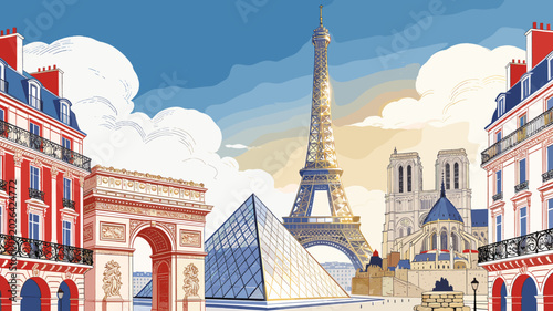 Fényképezés A vibrant illustration of Parisian landmarks including the Eiffel Tower, Arc de Triomphe, Notre Dame, and the Louvre Pyramid under a cloudy sky