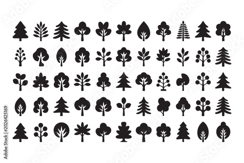 Foto A diverse collection of minimalist black tree and leaf silhouettes arranged neat