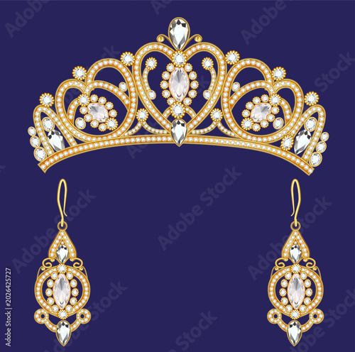 Canvas Print The image showcases an exquisite crown and a pair of earrings designed in matching style