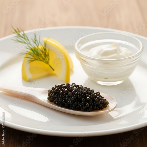 Luxurious dark caviar and cream served with lemon