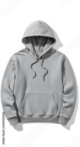 Plain grey hooded sweatshirt with front pocket and drawstring