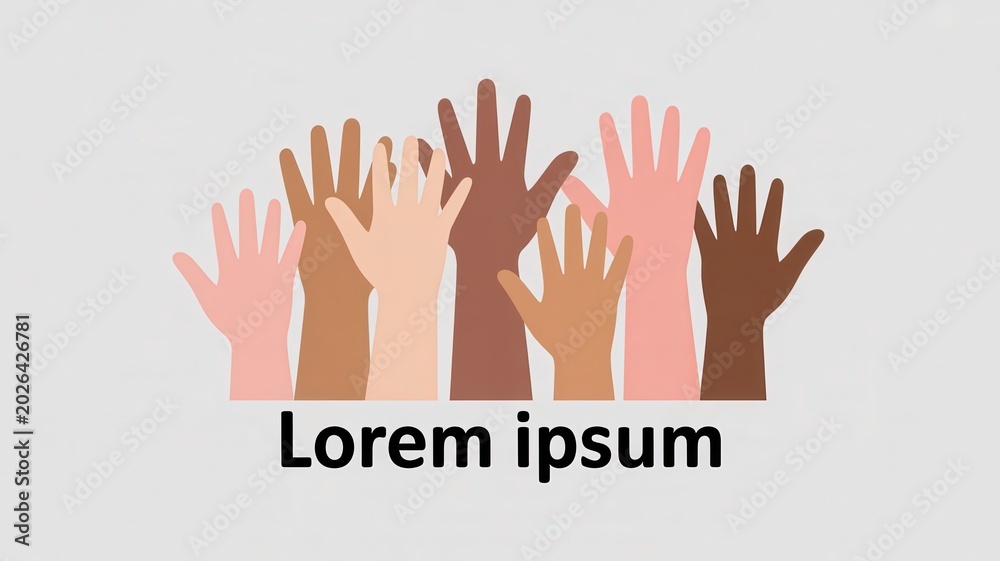 Fototapeta premium Diversity and inclusion concept with raised hands of different skin tones and placeholder text