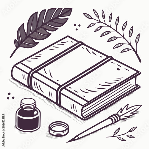 Billede på lærred Artistic writing set with a book ink pot feather quill decorative branches