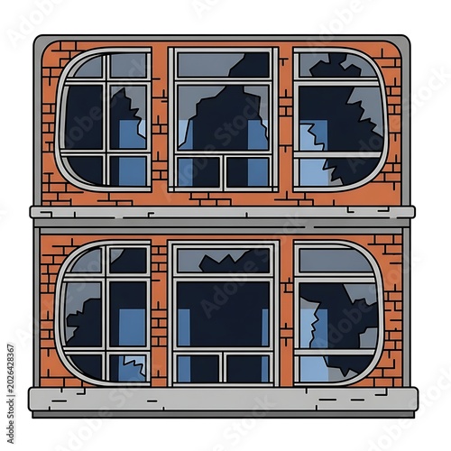 Two-story brick building with multiple broken windows