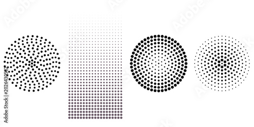 Four distinct geometric shapes composed of black halftone dot patterns