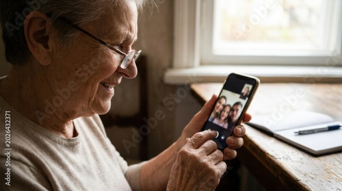 Elderly Woman Looking at Phone by Candle Light Warm Atmosphere