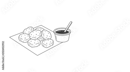 Photos Drawing of Chicken Nuggets with a side of dipping sauce on a plate, a simple foo