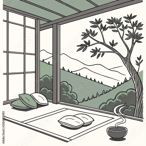 Zen meditation room interior with mountain view and hot tea illustration