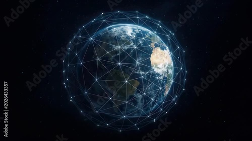 Earth encased in glowing geometric network of interconnected nodes space