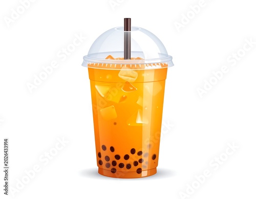 Refreshing orange bubble tea with ice cubes in plastic cup