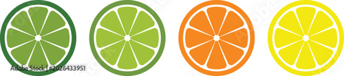 Fotografie Set of vector illustrations of fresh green lemon or lime whole, half, sliced ​​and in wedges
