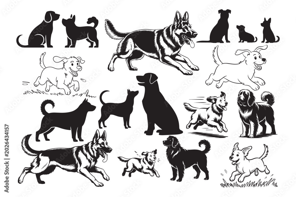 Fototapeta premium A diverse collection of playful dog silhouettes and detailed illustrations featuring various breeds in different poses