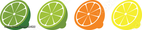 Foto Set of vector illustrations of fresh green lemon or lime whole, half, sliced ​​and in wedges