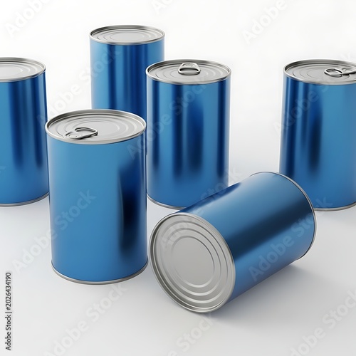 Shiny blue cylindrical cans with silver lids arranged on a white surface