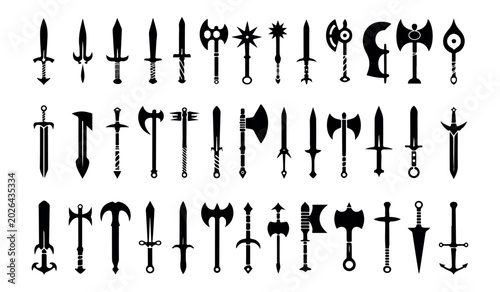 Foto A diverse collection of various medieval weapons like swords axes and maces disp
