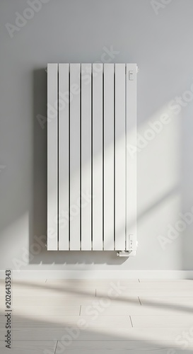 Vertical white panel radiator mounted on a light gray wall, casting shadows