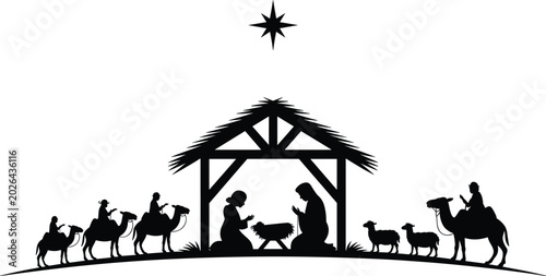 Cuadro en lienzo Black silhouette of nativity scene with camels sheep and star over stable christ