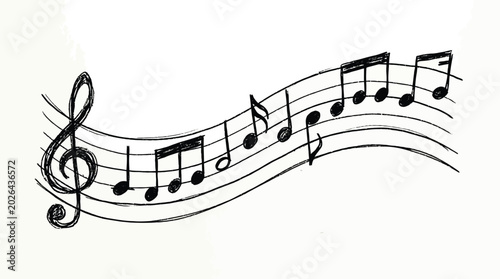 Hand drawn sketch of a treble clef with musical notes on a wavy staff line