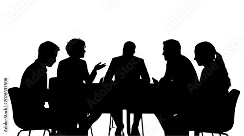 Black silhouette of business people meeting around a table isolated on transparent background, Vector