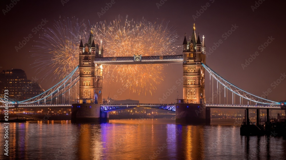 Fototapeta premium Tower Bridge Fireworks: London's Night Spectacle over Thames River