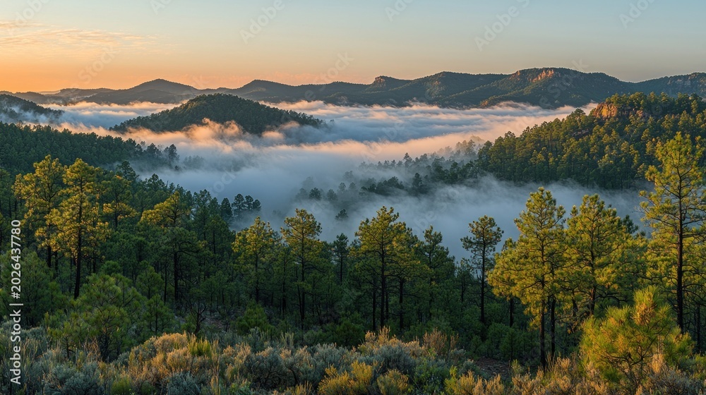Obraz premium Misty Mountain Forest at Sunrise: A Landscape of Serenity and Natural Beauty