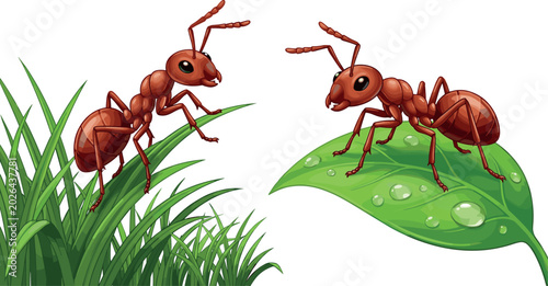 Obraz na płótnie Cartoon Ant Insect Set on Green Grass and Dewy Leaf for Wildlife, Nature, Biolog