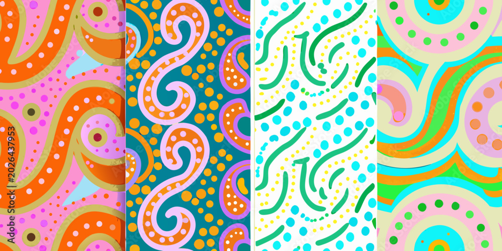 Naklejka premium abstract wavy panels four vertical strips of colorful retro patterns