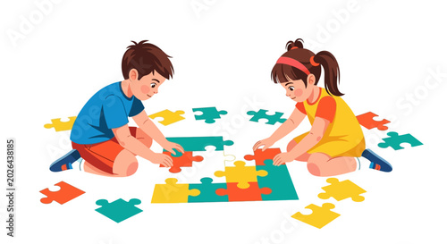 Fotografi Children playing with puzzle pieces.