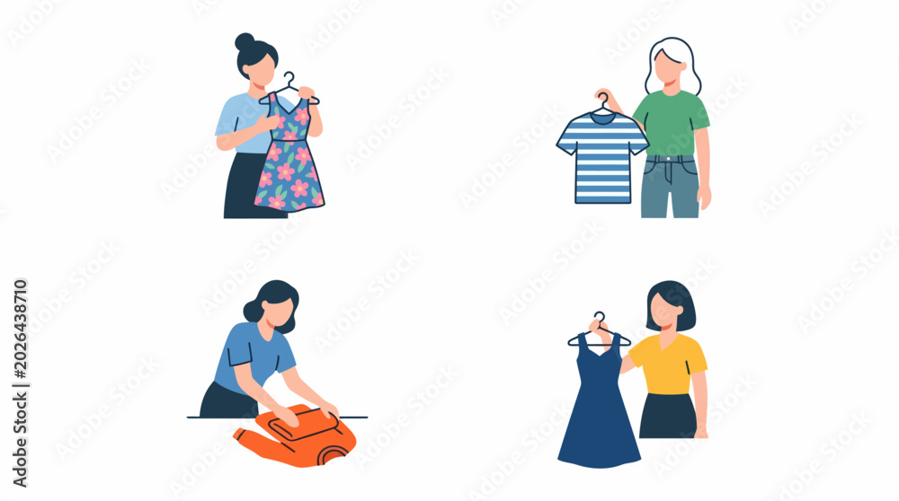 Fototapeta premium Four illustrations depicting women engaging in various clothing-related activities such as choosing, folding, and organizing garments.