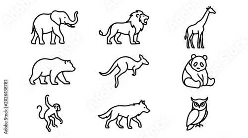 Photography Minimalist wild animal line icon set, 9 black outline zoo animal vector illustra