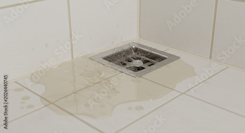 Clogged shower drain with wet hair causing water overflow on white bathroom tiles