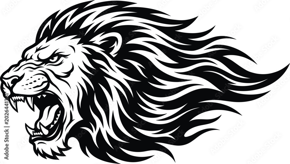Obraz premium Roaring Lion Head Mascot Logo Vector Illustration in Bold Black Silhouette StyleRoaring Lion Head Mascot Logo Vector Illustration in Bold Black Silhouette Style