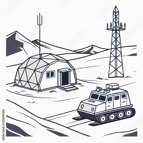 Billede på lærred Scientific outpost with tracked rover and antenna in snowy mountain landscape