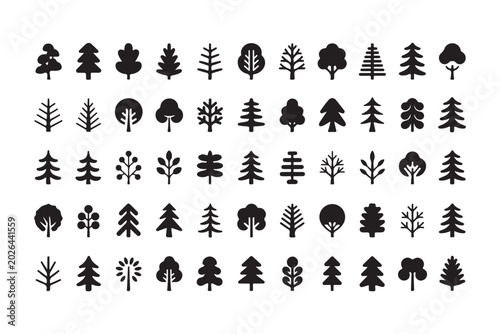 Foto A large collection of diverse black tree and plant silhouettes displayed neatly