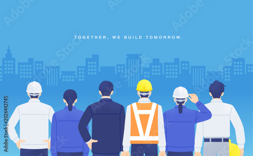 Foto 「TOGETHER, WE BUILD TOMORROW.」ビル群と建設業に携わる6人の後ろ姿