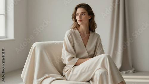 Soft light bathes a calm, seated woman. She wears flowing, muted tones with quiet grace. Her gaze lingers, thoughtful yet serene. Ideal for wellness, minimalist interiors. Subtle elegance evokes peace