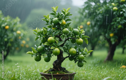 Orange tree growing wild in a grassy garden