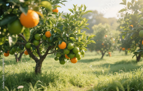 Orange tree growing wild in a grassy garden
