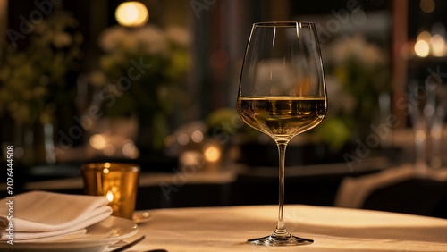A crystal-clear wine glass filled with golden chardonnay, set in an elegant dining arrangement.