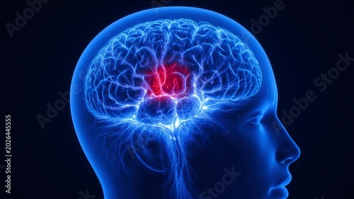 Human Brain With Red Highlighted Area Representing Pain Or Injury.