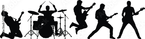 Cuadro en lienzo Rock Band Musician Silhouettes Performing with Electric Guitars and Drums Isolated on Light Background