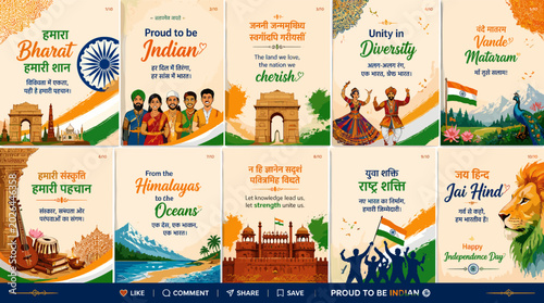 Foto A vibrant collection of Indian Independence Day social media posts celebrating unity, diversity, and national pride with iconic imagery and patriotic slogans